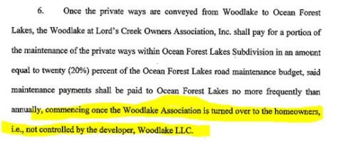 The 2008 roadshare agreement between Woodlake and Ocean Forest Lakes, dictating a 20% contribution from Woodlake for road maintenance. (Port City Daily photo | NEW HANOVER COUNTY)