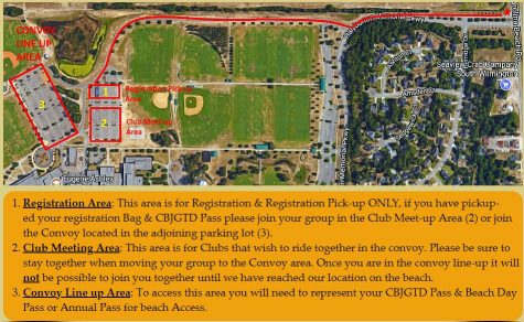 (1) Registration area – for collecting registration only. (2) Club meeting area – for clubs or drivers who wish to drive together to the beach. (3) Convoy line-up area – drivers will need event and Freeman Park pass to enter. (Port City Daily photo | Courtesy Carolina Beach Go Topless Day)