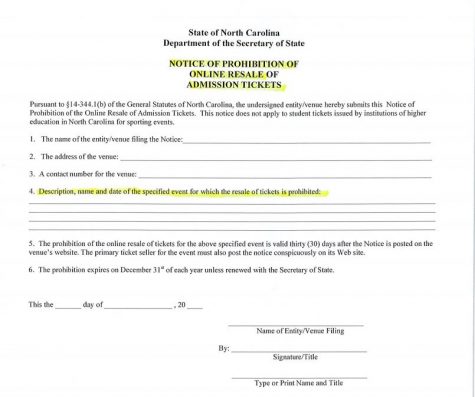 This is the form required by the Secretary of State; it allows a venue operator or promoter to forbid the resale of tickets. (Port City Daily photo | North Carolina Secretary of State)