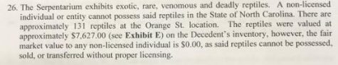The Serpentarium reptiles are valued at about $7,600. However, because many of them cannot legally be sold, their practical value is likely much lower. (Port City Daily photo | Superior Court of New Hanover County)