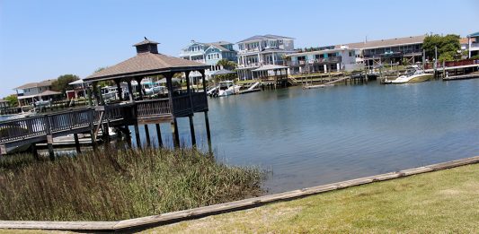 Structures that "harden" the shoreline, like this wooden bulkhead in Wrightsville Beach, contribute to habitat loss of the natural wetland in low wave energy areas. (Port City Daily/Johanna Ferebee)