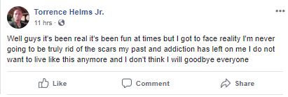 Torrence Helms posted this message to Facebook over 12 hours after he was last seen. He did not respond to any of the comments to his post. (Port City Daily photo | Courtesy Facebook)