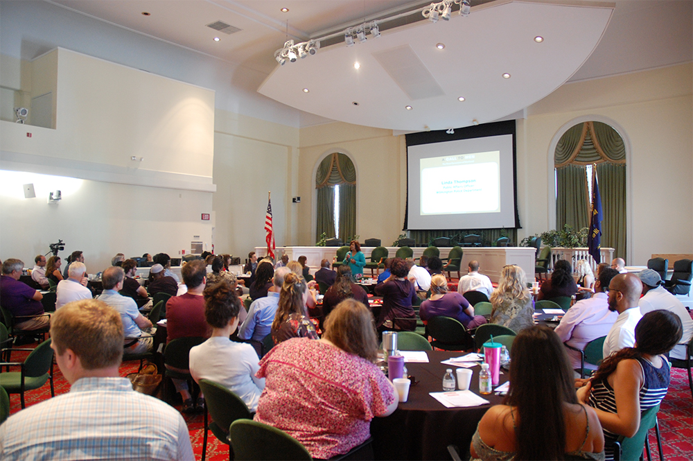 Linda Thompson, spokesperson for the Wilmington Police Department, addresses the audience at "Engaging Men in the #MeTooEra," an event the department co-sponsored. (Port City Daily photo/Johanna Ferebee)