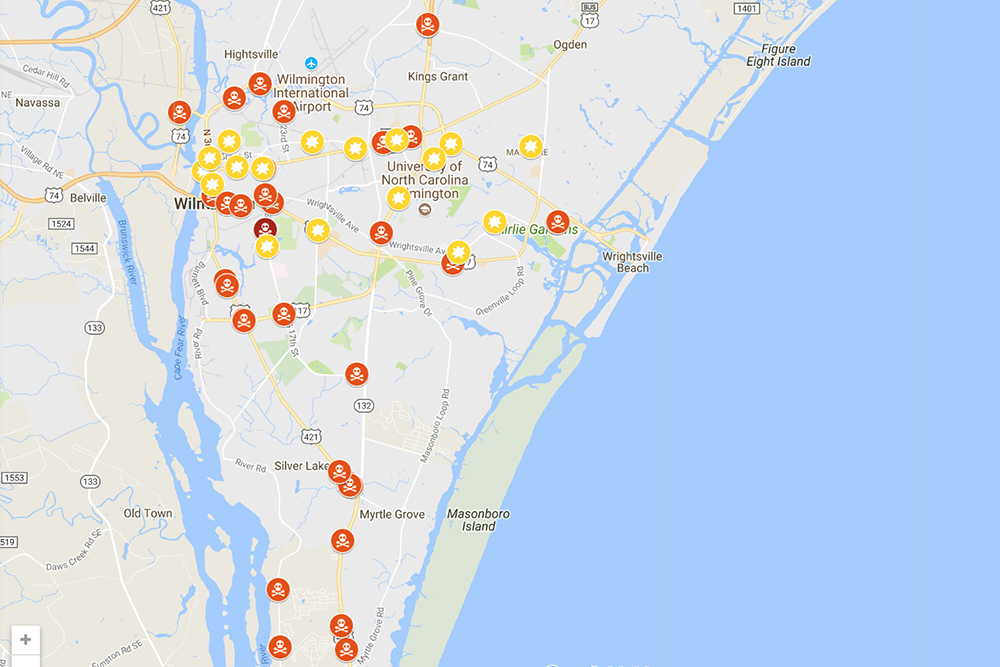 Michael Habash, a former Wilmington police officer, started the group Walkable Wilmington after responding to motorist-pedestrian and pedalcyclist accidents he noticed were going uncharged and unaddressed. He compiled data from news reports from 2000 to now on pedestrian and pedalcyclist fatalities and severe injuries into a map to reveal the area's most dangerous roads. (Port City Daily graphic/ Courtesy Walkable Wilmington and Google Maps)