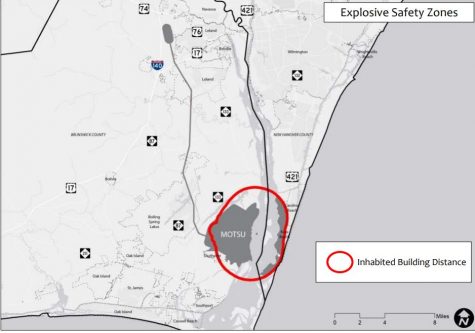 The 'inhabited building distance' marks the blast zone capable of damaging buildings, but - according to newly released documents - it is not the full extent of the explosive safety zone around MOTSU. (Port City Daily photo | Courtesy Cape Fear Council of Governments)
