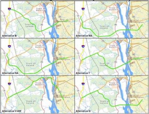 Alternatives B, NA, and T would all cross the Cape Fear at the southern tip of Eagle Island and connect to Shipyard Boulevard. Alternatives MA and Q would cross futher south, connecting to Independence Boulevard. Alternative V-AW would be anchored near the current Cape Fear Memorial Bridge on the Brunswick side of the river, and travel diagonally southeast to the Greenfield Lake area. (Port City Daily photo | Courtesy NCDOT)