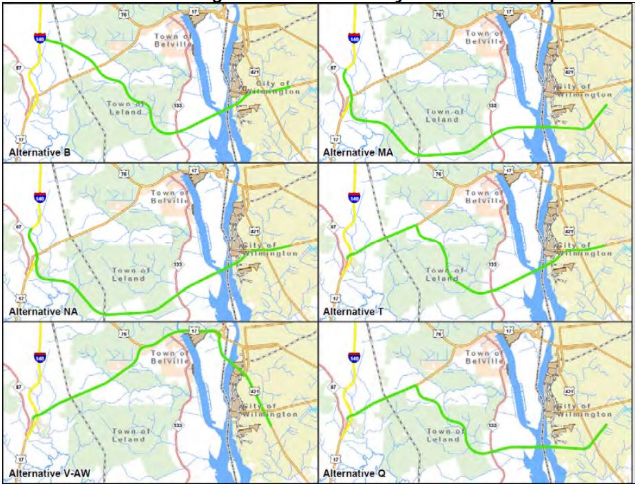 Alternatives B, NA, and T would all cross the Cape Fear at the southern tip of Eagle Island and connect to Shipyard Boulevard. Alternatives MA and Q would cross futher south, connecting to Independence Boulevard. Alternative V-AW would be anchored near the current Cape Fear Memorial Bridge on the Brunswick side of the river, and travel diagonally southeast to the Greenfield Lake area. (Port City Daily photo | Courtesy NCDOT)
