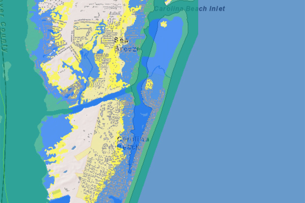 FEMA's new flood zones are expected to go into effect by late August, with thousands of properties in Carolina Beach under new zoning designations. Map key: Green areas represent Flood Risk Information System's highest risk zoning designation, blue inland areas are located in the 100-year floodplain, and yellow inland areas are not located in the flood zone. (Port City Daily graphic/Courtesy Flood Risk Information System)