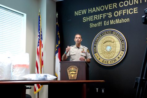 New Hanover County Sheriff Ed McMahon announces the largest seizure of fentanyl the county has ever discovered during a press conference Friday morning. (Port City Daily photo/Johanna Ferebee)