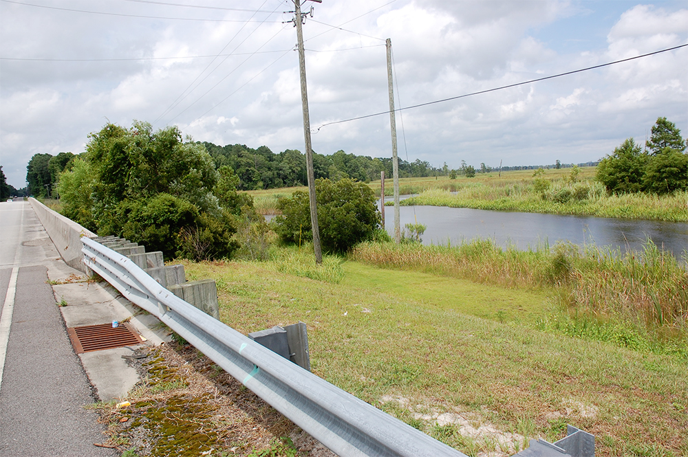 Sturgeon Creek as seen from Navassa Road in Leland. The town has been acquiring property near the southern bank of Sturgeon Creek since 2016 for its planned Sturgeon Creek Park. (Port City Daily photo/Johanna Ferebee)