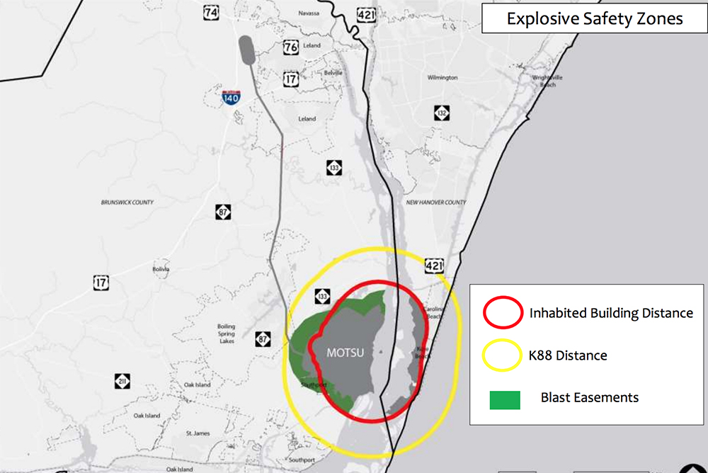 MOTSU's Inhabited Building Distance(IBD) represents the minimum distance maintained between an explosive site and non-ammunition related buildings. The terminal's K88 distance was previously classified information. All buildings within the K88 distance are at risk of glass breakage during an explosion. (Port City Daily graphic/Courtesy Cape Fear Local Government Council)