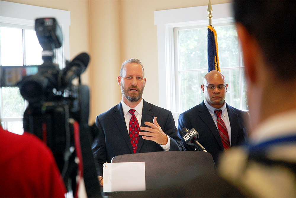 13th District Attorney Jon David announces the arrest of Southport's two highest-ranking police officers in July 2018. (Port City Daily photo/Johanna Ferebee)