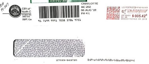 The city's certified mail enveloped containing the graffiti citation is postmarked August 6, five days after the letter's August 1 date. (Port City Daily photo | Courtesy Thomas Harris)