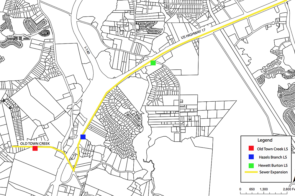Leland's sewer expansion plans include the exact same service area as H2GO's $3.2 million interceptor sewer system, currently under construction, with 120 days until completion. (Port City Daily graphic/Courtesy Town of Leland)