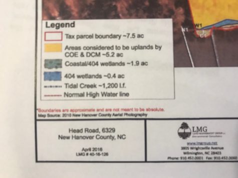 A survey of the property, prepared in April 2016, shows that nearly 2 acres of the land in considered to be coastal wetlands. (Port City Daily photo | North Carolina Division of Coastal Management)