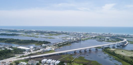 The new Topsail Island Bridge will link Surf City's mainland to the island, including the Surf City Welcome Center. (Photo courtesy of Balfour Beatty Infrastructure, Inc.)
