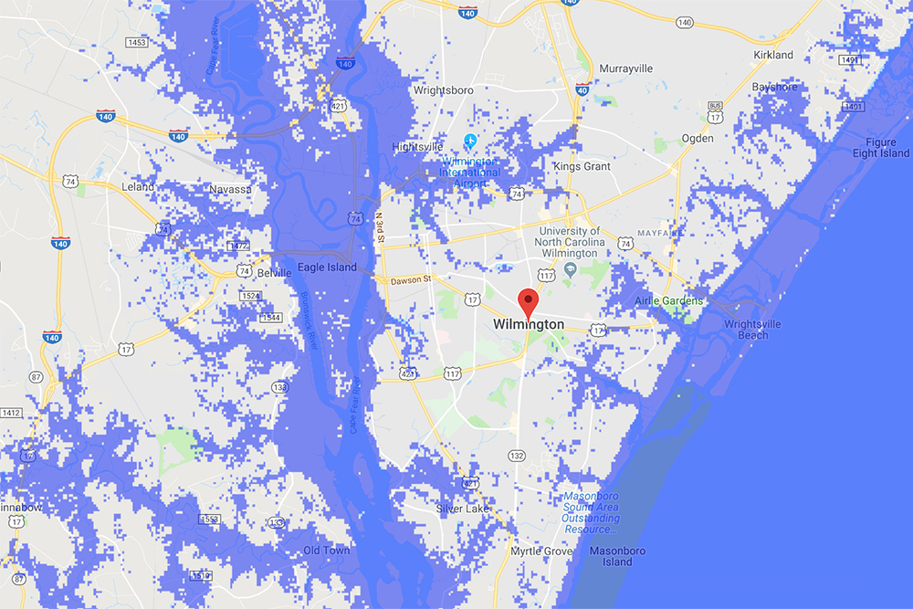 With flooding at approximately 13 feet above sea level, many areas in the Wilmington area will be underwater. (Port City Daily/Courtesy Floodmap.net)