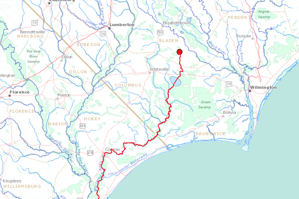 The National Weather Service's first permanent gauge of the Waccamaw River is located approximately 90 miles downstream in Conway, South Carolina, from where it originates in Bladen County. This is significant because it makes prediction modeling difficult in assessing flood risk in areas downstream of the river, where Brunswick County is currently attempting to evacuate thousands of residents. (Port City Daily photo/Courtesy United States Geological Survey)