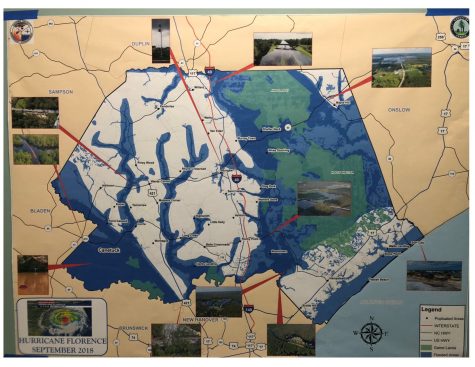 A map at the Emergency Operations Center in Burgaw showed flooding, when the county’s rivers began to flood, two days after Florence made landfall. “The white [on the map] was all that was left dry during this event — 857 square miles, that was all that was left dry. The rest of that was water,” EM Director Tom Collins said.