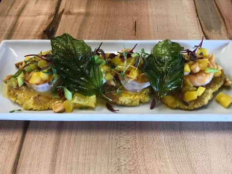 Shrimp over smashed plantains, with curry passionfruit vinaigrette, mango, peanuts, and green onion. (Port City Daily photo/Courtesy Kirsten Mitchell)