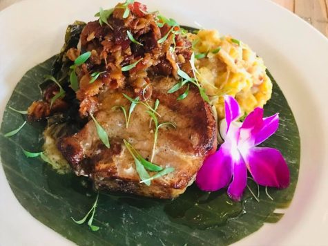 House smoked pork chop with coconut creamed greens, muffango smash and bacon jam. (Port City Daily photo/Courtesy Kirsten Mitchell)