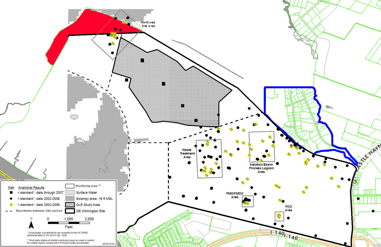 GE Hitachi's testing sites are shown in yellow, both inside and outside GE's property, where groundwater quality exceeded state standards in 2013. (Port City Daily graphic/Johanna Ferebee: Source, U.S. Nuclear Regulatory Commission, New Hanover County Geographic Information System)