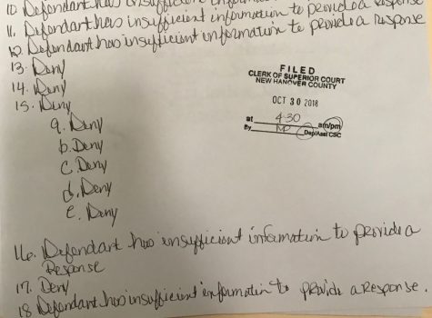 In a hand-written response filed at the end of October, a defendant - presumably Johnson - denied all charges specifically relating to the incident. (Port City Daily photo / New Hanover County Superior Court)
