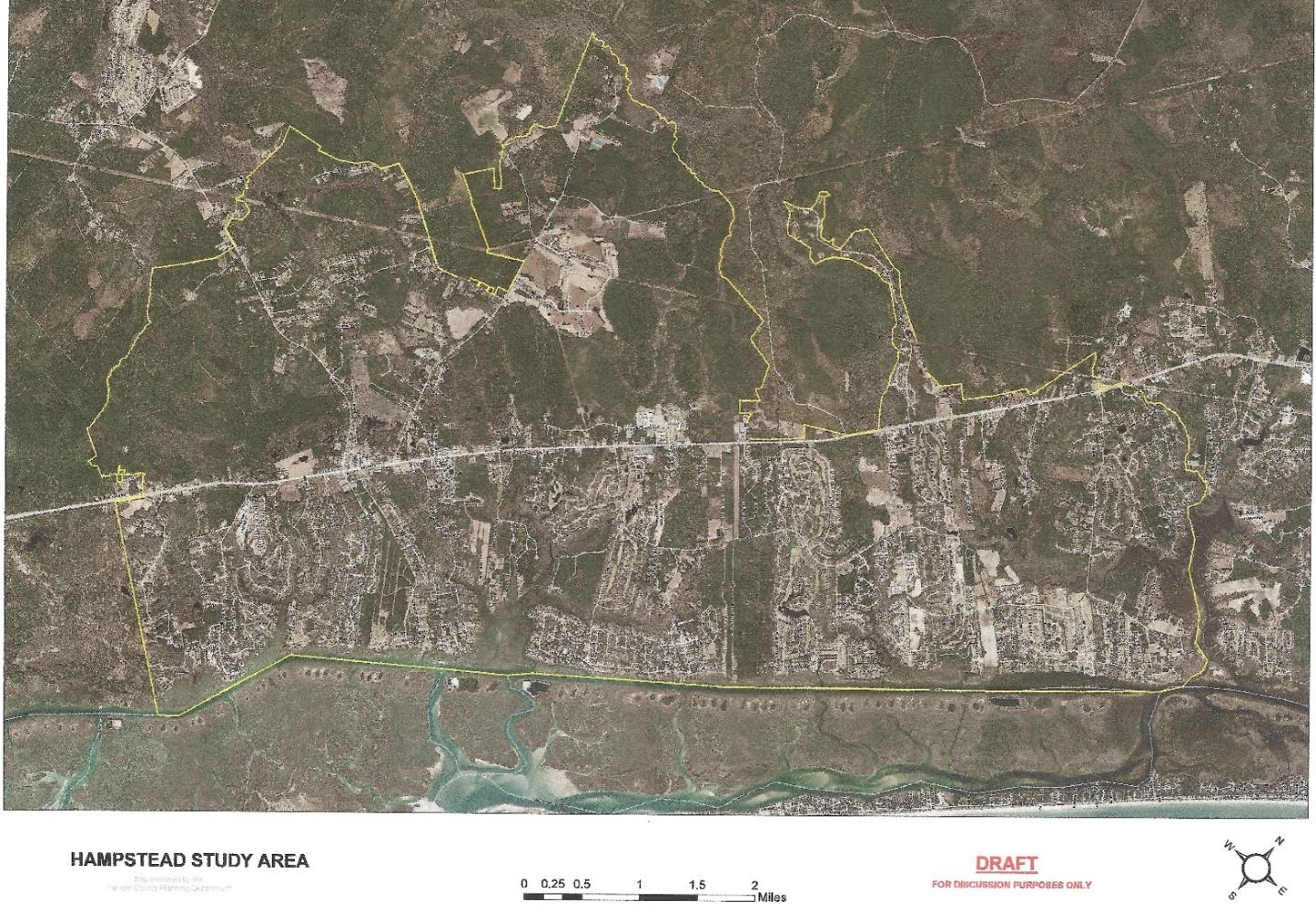 A GIS map provided by Pender County shows the Hampstead area, which the study estimated to be 34 square miles -- 4% of the the county's 870 square miles. The boundaries of the draft map of the study area follow property ownership lines. (Port City Daily photo/Courtesy Suzann Rhodes)