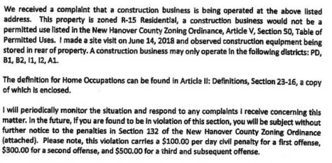 The body of a letter sent from the county, claiming a business was being operated out of a residential property. (Port City Daily photo / New Hanover County)