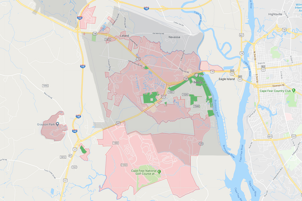 A map of each group's political and service boundaries can explain why the H2GO case arose. In green, Belville's approximate corporate limits. In pink, Leland's approximate corporate limits. Shaded in grey, Brunswick Regional Water and Sewer H2GO's approximate service boundary. (Port City Daily graphic/ Johanna Ferebee, Courtesy Google Maps, Brunswick Regional Water and Sewer H2GO)