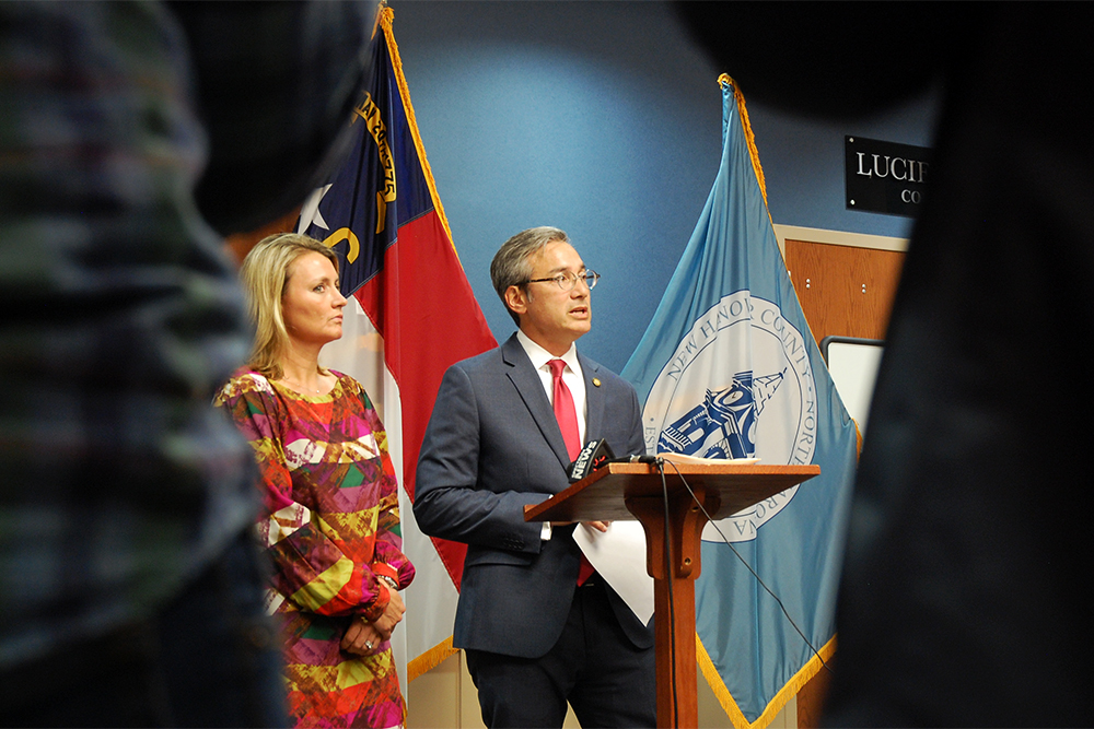 Senator Michael Lee (center) addresses an ethic’s complaint in a November 2018 press conference filed against him regarding his private conduct as a lawyer representing out-of-town clients before local boards. (Port City Daily photo/Johanna F. Still)