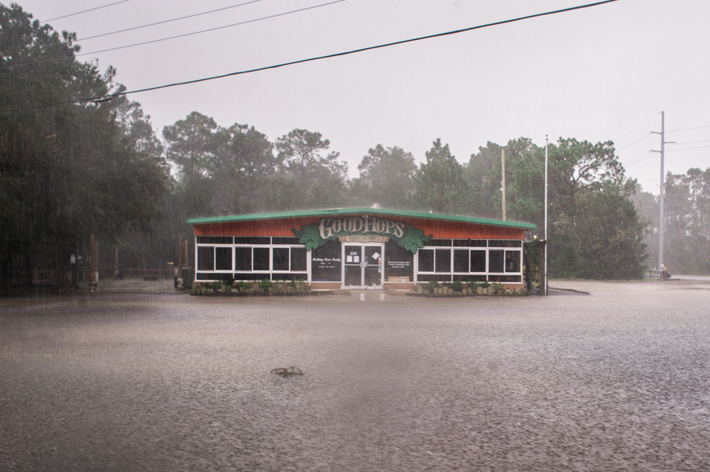 The flooded parking lot of Good Hops Brewing three days after Florence made landfall when Carolina Beach was re-opened for residents. (Port City Daily photo/Mark Darrough)