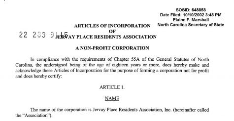 The residents' association, essentially an HOA for Jervay communities, was legally formed in 2002 -- but it has never included elected resident members. (Port City Daily photo / North Carolina Secretary of State)