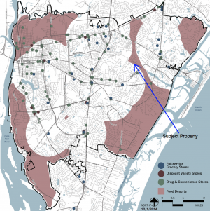 This map depicts all existing food store types within the city limits and existing food deserts – areas of the city that are more than one mile away from a full-service grocery store. They are placed into three categories, ranging from limited food choices with few healthy eating options to complete food choices with access to fresh foods essential for a healthy diet. (Port City Daily photo/Courtesy City of Wilmington)