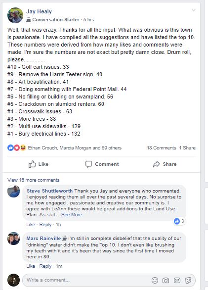 Town council members weighed in on a recent survey conducted on the Carolina Beach locals Facebook page. (Port City Daily photo / Facebook)