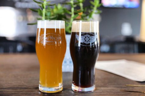 Flying Machine's weekend casks: the Açaí Bowl Igo Pilsner (left) and the Fluffer Nutter Sky Lantern Pre-Prohibition Porter. (Port City Daily photo/Courtesy Flying Machine Brewery)