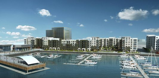 Artist's rendering of the future Pier 33 development, seen her with the Port City Marina in the foreground and Marina Grill and The Shell venue to the left. (Port City Daily photo / Courtesy Dewitt Carolinas)