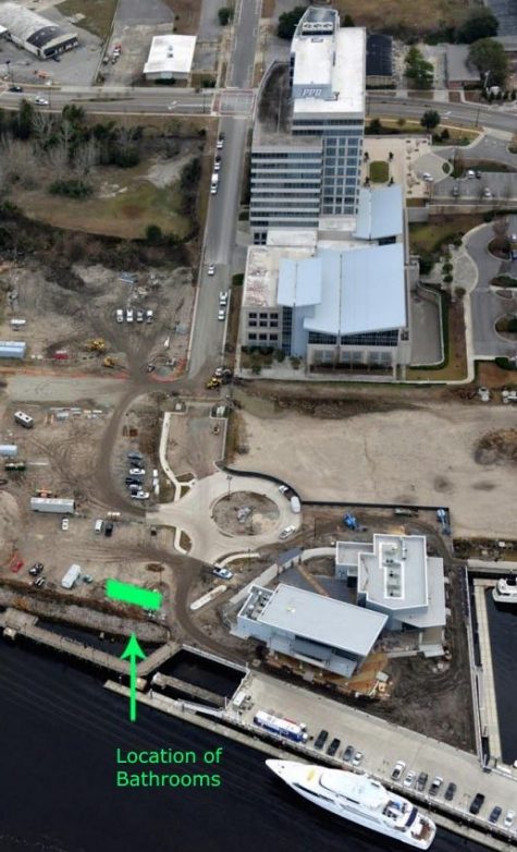 The modular office and portable shower unit can be seen in aerial photos that predate the completion of the Riverwalk. (Port City Daily photo / City of WIlmington)