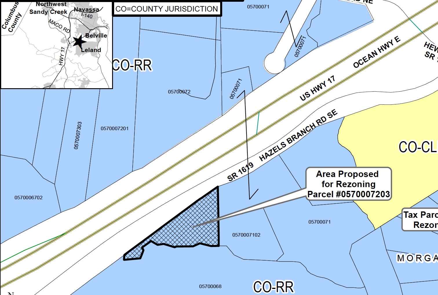 A 1.3-acre parcel in between Leland's town limits is up for rezoning in Brunswick County. The county's staff and planning board are recommending denying the property be rezoned from residential to commercial. (Port City Daily/Courtesy Brunswick County)