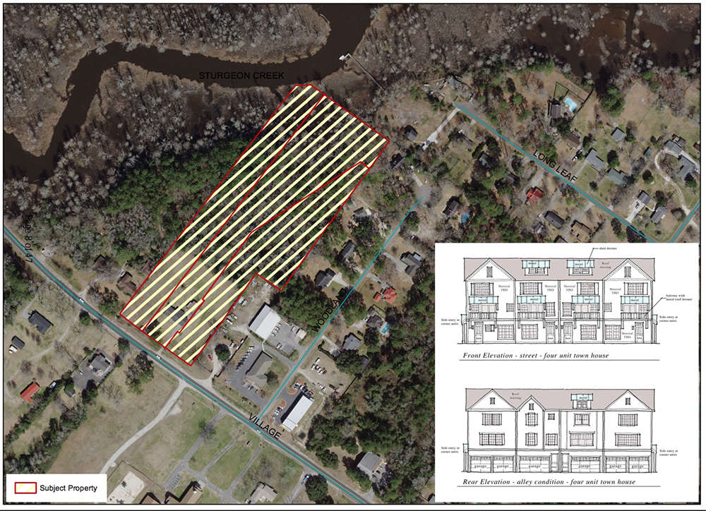 Three parcels totaling 8.6 acres could be conditionally rezoned to allow for a 74-unit townhouse development off Village Road. (Port City Daily photo/Town of Leland)