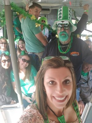 Tortuga's Nest co-owner and pub crawl organizer Angela Crain on last year's shuttle ride around the island's bar scene. (Port City Daily photo/Courtesy Angela Crain) 