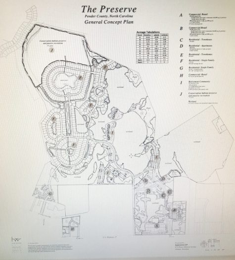The General Concept Plan for The Preserve development includes 150,000 square-feet of retail space, 70,000 square-feet of office space, 25,000 square-feet of restaurant space, and a 10,000 square-foot bank — nearly double the commercial space proposed for The Avenue in Wilmington. (Port City Daily photo/Courtesy WMPO)