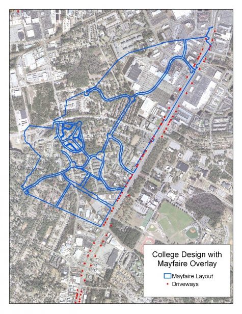 A map of the Mayfaire Development, overlaid on South College Road. The two areas share an equal amount of development, but South College has 52 driveways, to Mayfaire's six, a point Wayne Clark uses to demonstrate how planning from scratch can help manage traffic. (Port City Daily photo / Courtesy Wayne Clark)