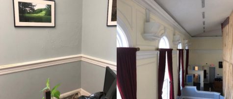 Architect Charles Boney's damage assessment showed typical plaster damage on an exterior wall (left) and the courtroom with a temporary hazard containment wall to contain asbestos in the moisture-damaged ceiling. (Port City Daily photo/Courtesy Pender County)