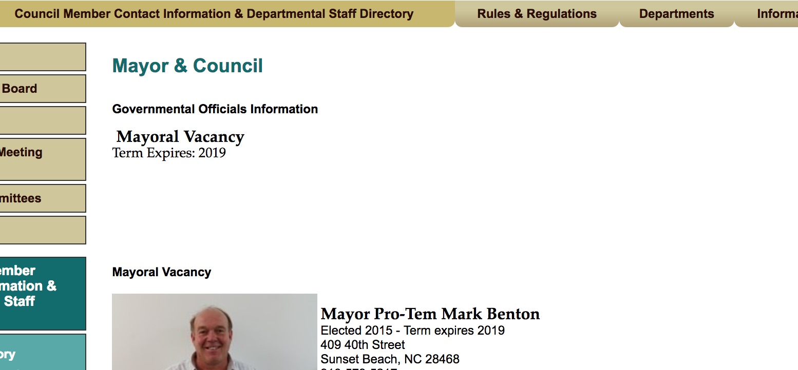 Sunset Beach's Council directory page has been updated to remove Greg Weiss, the town's mayor of five months. (Port City Daily screenshot/Courtesy Sunset Beach)