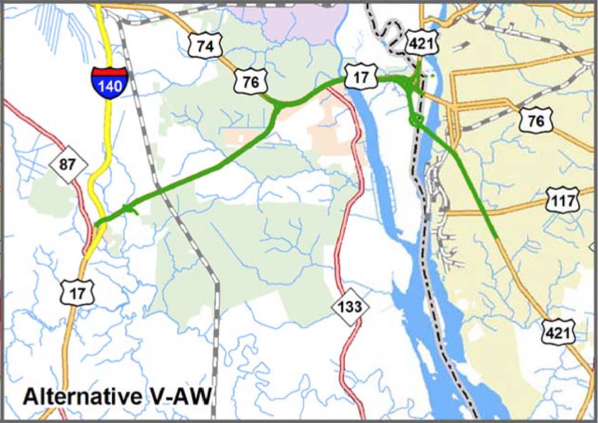 The last remaining alternative, V-AW, that would have avoided building a new bridge over the Cape Fear River, is not a viable option in the $1 billion Cape Fear Crossing project. (Port City Daily/ Courtesy North Carolina Department of Transportation)