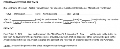 The contract for street performers for the Azalea Festival lists compensation as "n/a" but stated artists are "permitted" to put out tip jars. (Port City Daily photo / Courtesy Jared Sales)