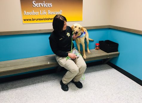 Seen here with animal adoption outreach coordinator Belinda Musgrove, Sheila is almost always smiling, She's available to meet prospective adopters at Brunswick County Sheriff’s Office Animal Protective Services. (Port City Daily photo / Samira Davis)
