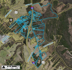Land east of Burgaw along N.C. 53, marked within the blue boundaries, that are subjected to the county's rezoning proposal. (Port City Daily photo/Courtesy Pender County)
