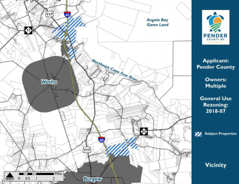 Pender County is requesting a Zoning Map Amendment to the highlighted areas north of Burgaw that would reclassify the land as rural agriculture districts. (Port City Daily photo/Courtesy Pender County)